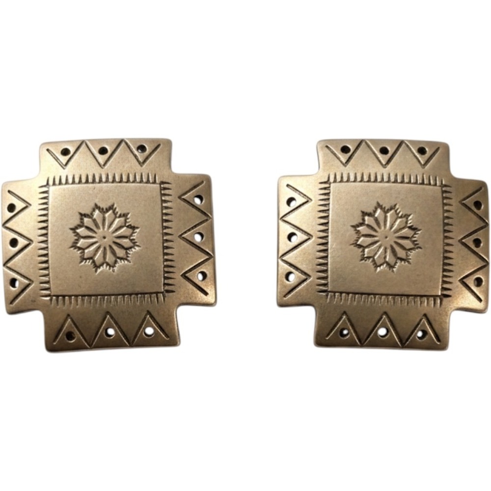 Boho‎ Native American Style Square Clip On Earrings Bronze Tone Etched Chunky